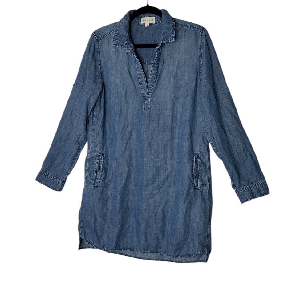 Anthropologie Cloth & Stone Mini Tunic Dress Women Medium Blue Denim Long Sleeve